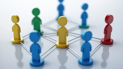 Colorful figures connected by lines, forming a network. Diverse team collaborating.