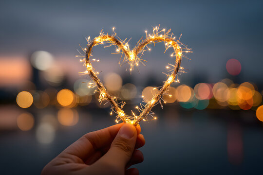 Simbolo del cuore fatto da una striscia di luci led tenuto da una mano di una ragazza di fronte al cielo sfuocato. San Valentino concetto.