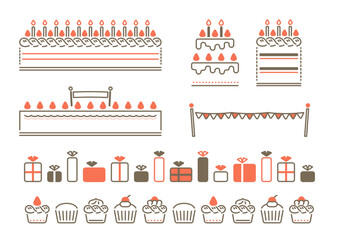 ケーキ　パーティー　ラインイラストセット