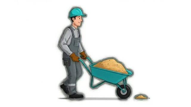 Cartoon construction worker pushing wheelbarrow with sand
