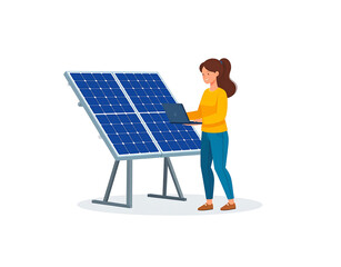 Woman with Laptop Inspecting Blue Solar Panels on a Gray Metal Frame