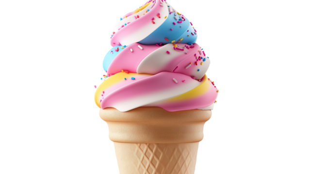 3D ice cream cone icon with triple scoops and sprinkles, joyful and colorful, PNG