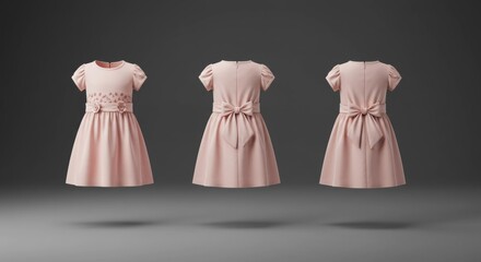 Pink children's dress with floral embroidery and bow, displayed in a studio setting. Three-quarter view of the dress, showing front, back and side views.
