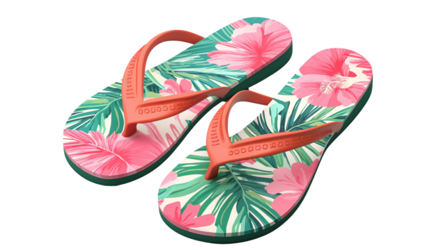 3D flip-flop sandals icon with summer pattern and realistic texture, on white background, PNG - Powered by Adobe
