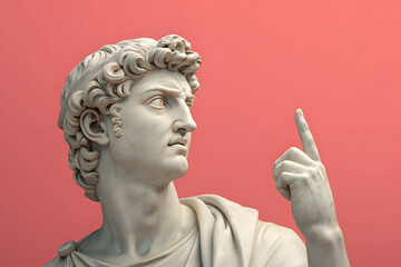 Classical marble statue pointing upward with intense expression, symbolizing idea, authority or divine inspiration