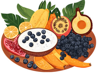 Assorted fresh tropical fruits including mango banana kiwi papaya watermelon blueberry and orange slices arranged on green leaves for healthy eating and nutritious snacks