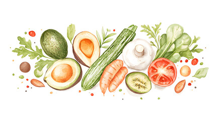 Assorted fresh vegetables including avocado cucumber carrot mushroom tomato kiwi lettuce and decorative elements arranged on white background