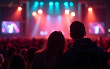 Couple is watching concert at open air music festival. High quality