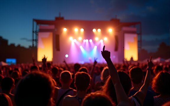 People enjoying music festival concert at night. Large crowd raise arms. Stage lights shine bright. Summer vibes. Festival atmosphere. Music fans happy. Nighttime event. Outdoor concert. Crowd - Powered by Adobe