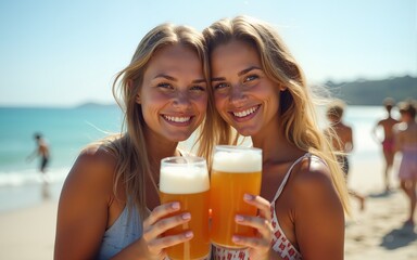 Two young woman with beer at beach party. Summer holiday, vacation concept. Friendship and celebration concept. High quality