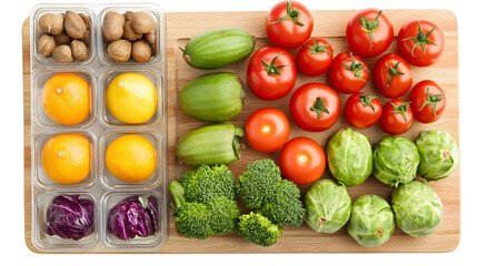 Fresh healthy vegetables and eggs on wooden cutting board with container of ginger and garlic for cooking and nutritious meals