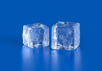 Blocks of clear ice on blue background