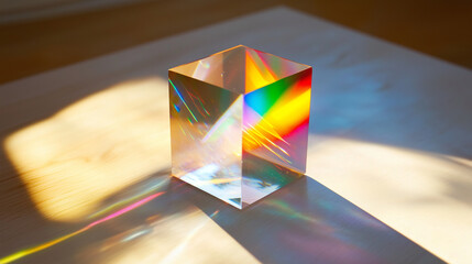 Close-up of a luminous triangular prism refracting intense sunlight into vivid rainbow bands on , symbolizing abstract concepts of frequency spectrum allocation and wireless technology connectivity.