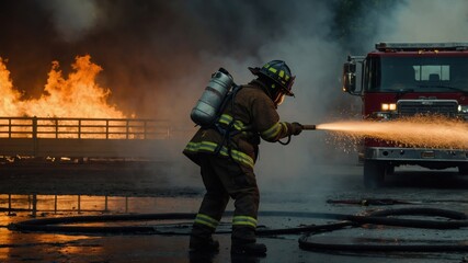 Firefighter Extinguishing Flames with Water Spray at a Burning Structure Near Firetruck
