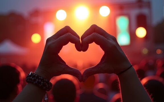 Hands form heart shape during lively outdoor concert at sunset with crowd enjoying music. High quality - Powered by Adobe