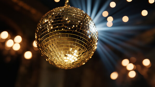 Golden disco ball on reflective dance floor with festive glowing lights in the background.
