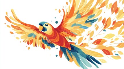 Fototapeta premium Vibrant parrot in flight, adorned with swirling, colorful leaves and feathers