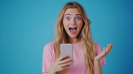 Naklejka premium Enthusiastic young woman expressing joy while holding a smartphone against a vibrant blue background