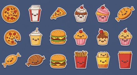 fast food and dessert characters with happy faces. Includes pizza, burgers, cupcakes, drinks, fries, and a donut