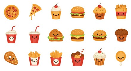 fast food and dessert characters with happy faces. Includes pizza, burgers, cupcakes, drinks, fries, and a donut
