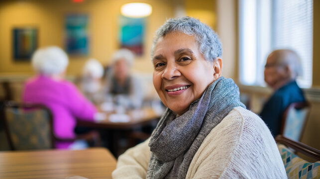 Happy senior woman enjoying a meal in a friendly community dining setting.
