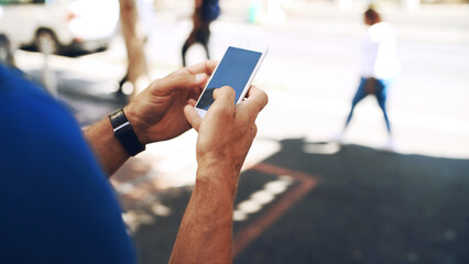 Mobile screen, hands and person in city for travel, navigation app or search destination online....