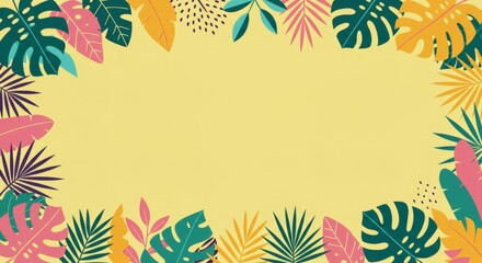 Vibrant tropical leaves and foliage create a colorful border on a gradient background. Ideal flat design illustration for summer themes, vacation, ...