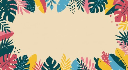 Vibrant tropical leaves and foliage create a colorful border on a gradient background. Ideal flat design illustration for summer themes, vacation, ...