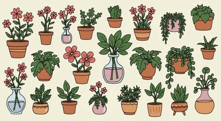 Set of cute cartoon potted plants and flowers with happy faces. Hand-drawn illustration perfect for kids' designs, home decor, or nature concepts.
