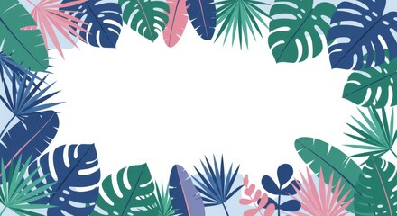 Vibrant tropical leaves and foliage create a colorful border on a gradient background. Ideal flat design illustration for summer themes, vacation, ...