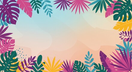 Vibrant tropical leaves and foliage create a colorful border on a gradient background. Ideal flat design illustration for summer themes, vacation, ...