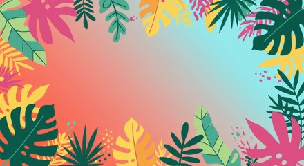Vibrant tropical leaves and foliage create a colorful border on a gradient background. Ideal flat design illustration for summer themes, vacation, ...