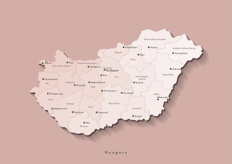 Vector isolated illustration. Simplified administrative map of Hungary in beige colors. Names of hungarian cities and counties. Brown background