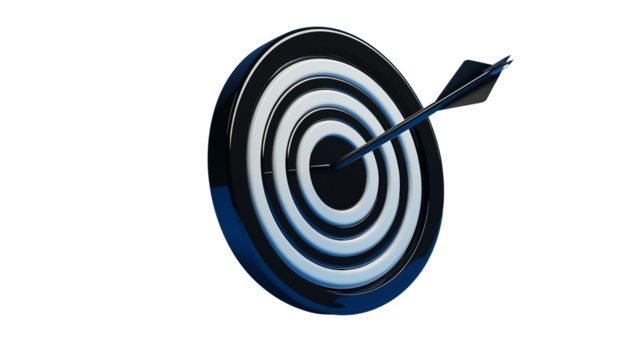 3D target with arrow in the center, marketing goal symbol, modern gloss, PNG