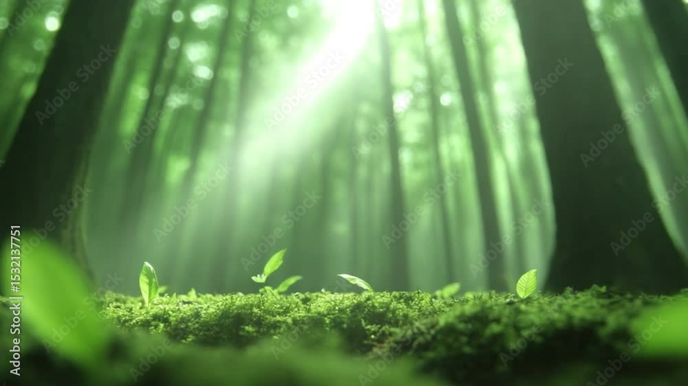 Poster Sun-Dappled Forest Floor: Sunlight streams through the lush canopy of a vibrant green forest, illuminating the soft, mossy forest floor and creating a tranquil and inviting scene. 