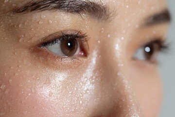 A close-up of the female model's eyes and eyebrows on a white background is used to photograph skincare products, showing delicate textures, sharp focus, and detailed expressions in soft lighting.