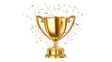 3D trophy icon in gold and sparkle details, success and achievement theme, white background, PNG 