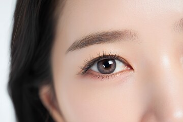 A close-up of the female model's eyes and eyebrows on a white background is used to photograph skincare products, showing delicate textures, sharp focus, and detailed expressions in soft lighting.