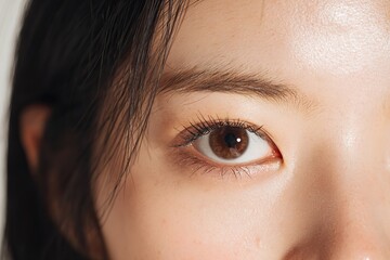 A close-up of the female model's eyes and eyebrows on a white background is used to photograph skincare products, showing delicate textures, sharp focus, and detailed expressions in soft lighting.