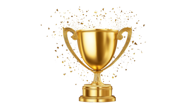 3D trophy icon in gold and sparkle details, success and achievement theme, white background, PNG  - Powered by Adobe