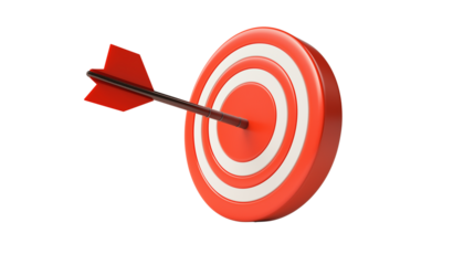 3D target with arrow in the center, marketing goal symbol, modern gloss, PNG