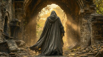 A hooded figure wrapped in a long flowing cloak stands in the center of a crumbling stone arch at dusk. The golden light of the setting sun penetrates through the arch