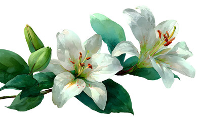 White flowers and green leaves. Watercolor composition. For first communion, wedding, baprism greeting card, invitation. Hand drawn. White lily. Isolated on a white background