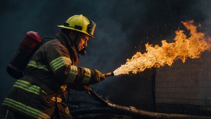 Firefighter wielding hose spewing blazing fire during emergency response operation