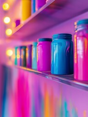 Row of colorful glass jars on a white shelf. the jars are of different sizes and colors - blue, pink, yellow, and orange. the background is blurred, but it appears to be a room with bright lights.