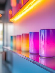Row of colorful glasses lined up on a blue shelf. the glasses are of different colors - pink, purple, orange, yellow, and blue - and are arranged in a neat row.