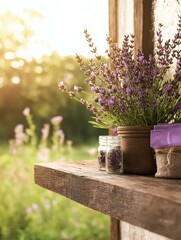 Wooden shelf attached to a wooden wall with a potted plant on it. the plant is a bunch of lavender with purple flowers and green leaves.