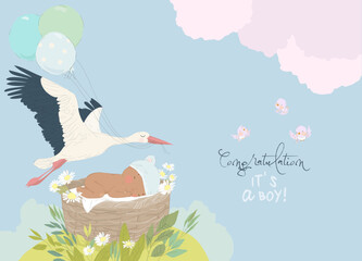 Stork delivering Baby Boy. It s a Boy. Baby Shower Card
