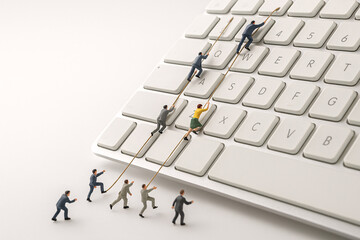 A group of people are climbing a keyboard