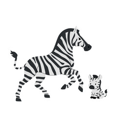 Cute zebra mother and baby, African wild animals, flat vector illustration, hand drawn cartoon safari family, isolated on white background, simple wildlife design for children. Vector illustration